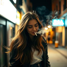 A girl inhaling cigarette smoke, with a content and relaxed expression on her face