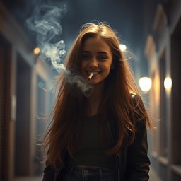 A girl inhaling cigarette smoke, with a content and relaxed expression on her face