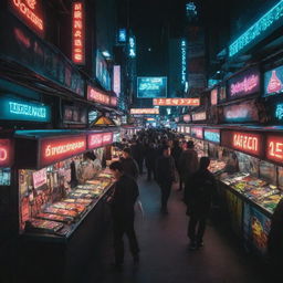 A bustling cyberpunk-style market filled with neon signs, futuristic stalls, busy digital vendors and intrigued customers