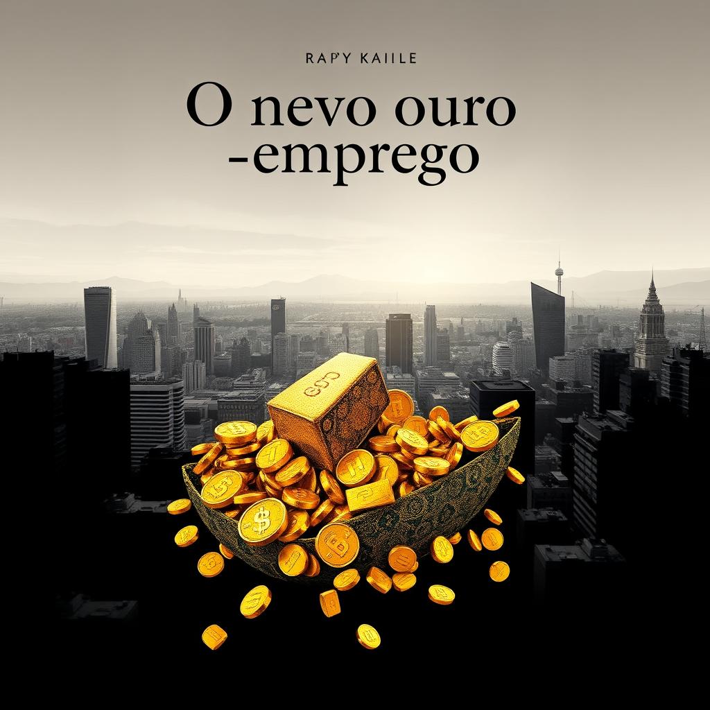 Capa de livro chamativa para 'O novo ouro - emprego', com uma representação metafórica do emprego como o novo ouro