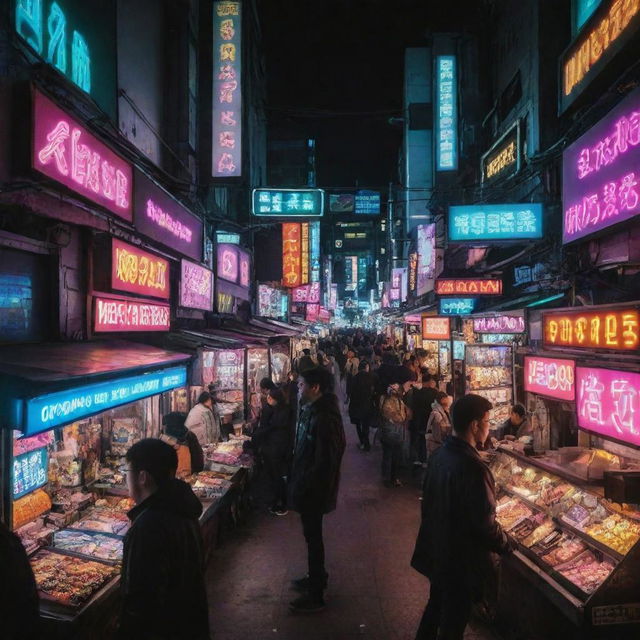 A bustling cyberpunk-style market filled with neon signs, futuristic stalls, busy digital vendors and intrigued customers