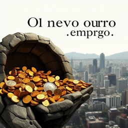 Capa de livro chamativa para 'O novo ouro - emprego', com uma representação metafórica do emprego como o novo ouro