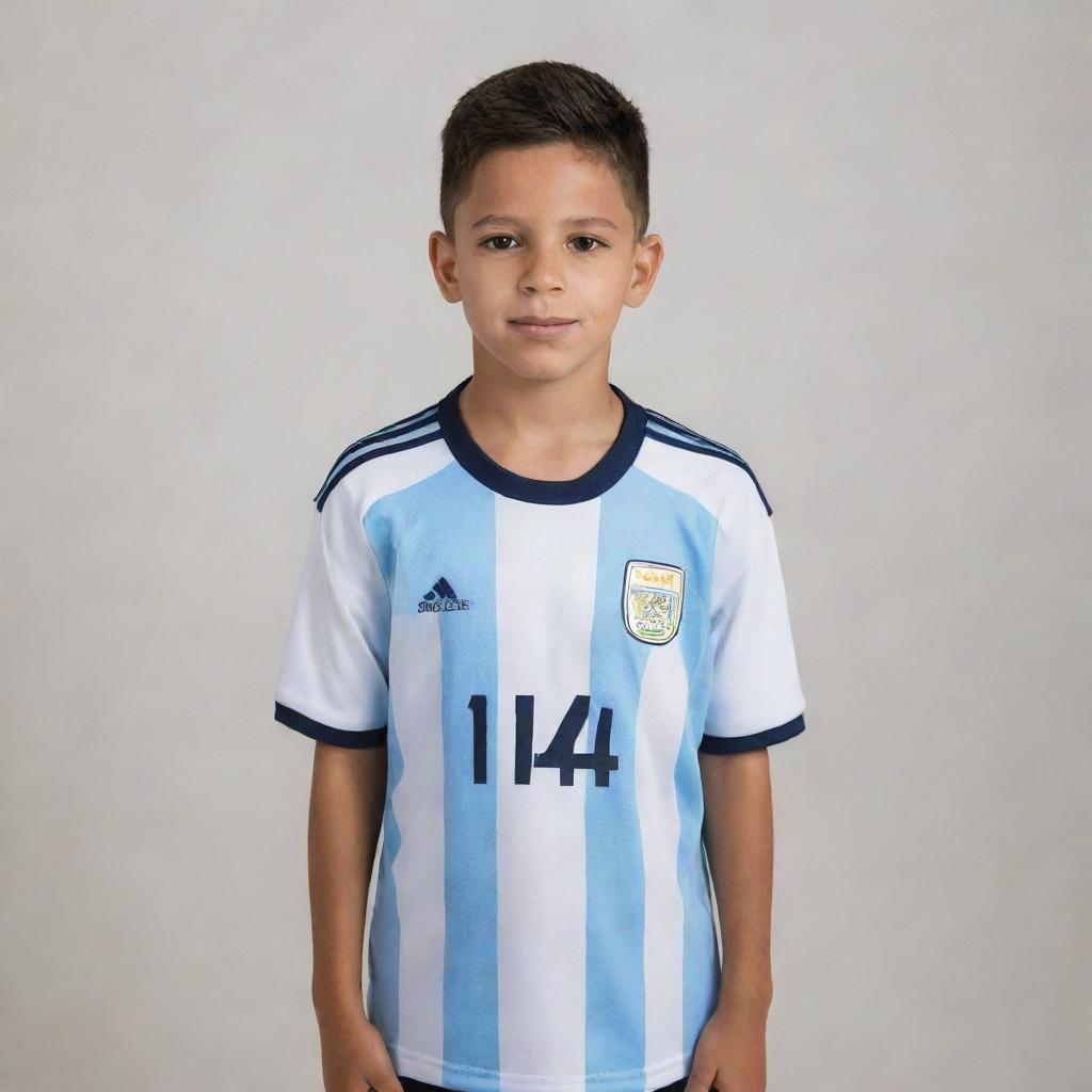 A confident young boy with a neat tapered fade haircut, wearing an Argentina number 14 football jersey with pride.