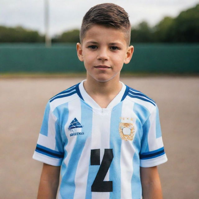 A confident young boy with a neat tapered fade haircut, wearing an Argentina number 14 football jersey with pride.