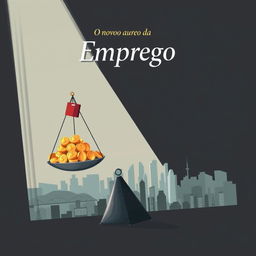 Uma capa de livro impressionante para 'O novo ouro da sociedade - emprego', apresentando uma ilustração metafórica do emprego como o novo ouro da sociedade