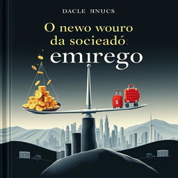 Uma capa de livro impressionante para 'O novo ouro da sociedade - emprego', apresentando uma ilustração metafórica do emprego como o novo ouro da sociedade