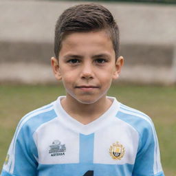 A confident young boy with a neat tapered fade haircut, wearing an Argentina number 14 football jersey with pride.