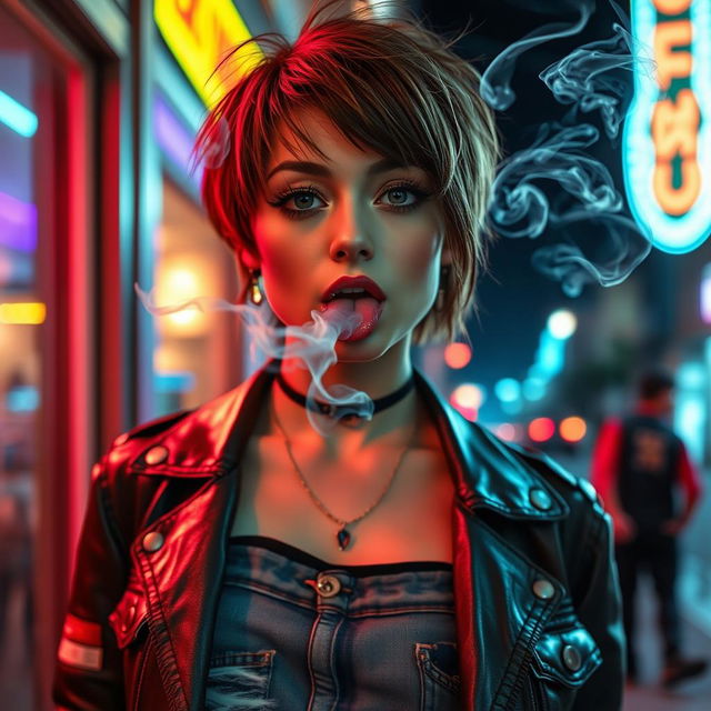 A girl with a tongue piercing exhaling smoke from her mouth