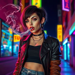 A girl with a tongue piercing exhaling smoke from her mouth