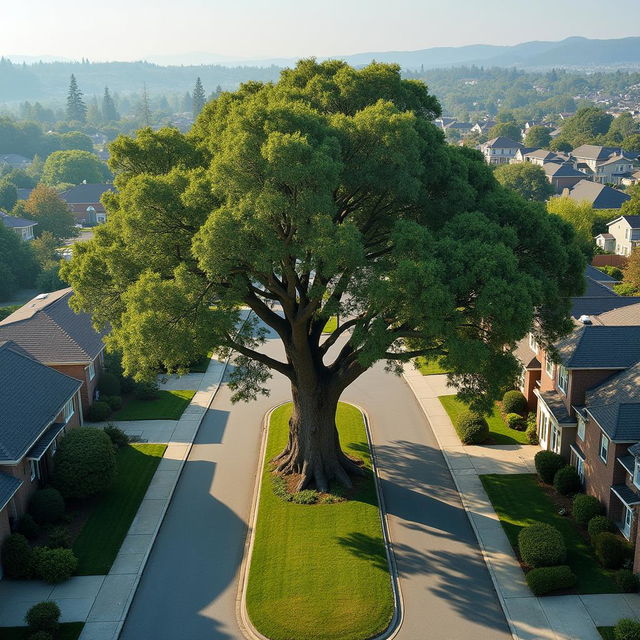 A high-definition, ultra wide-angle photograph of a suburban landscape featuring a lepidodendron tree