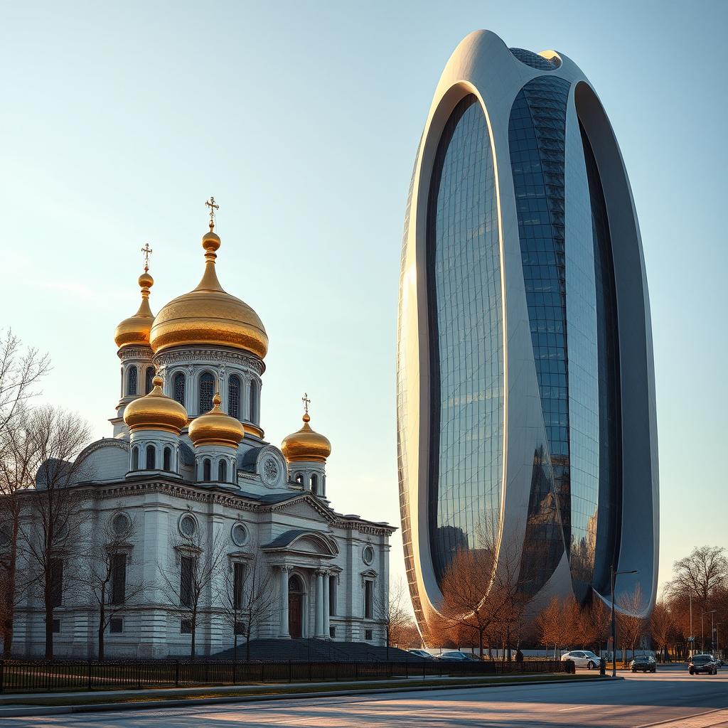 A stunning scene featuring the historic Kiev Pechersk Lavra next to a futuristic bionic skyscraper