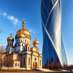 A stunning scene featuring the historic Kiev Pechersk Lavra next to a futuristic bionic skyscraper