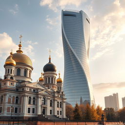 A stunning scene featuring the historic Kiev Pechersk Lavra next to a futuristic bionic skyscraper