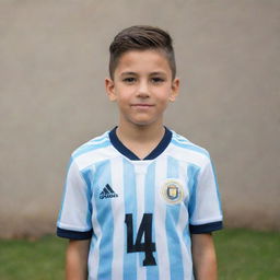 A confident young boy with a neat tapered fade haircut, wearing an Argentina number 14 football jersey with pride.