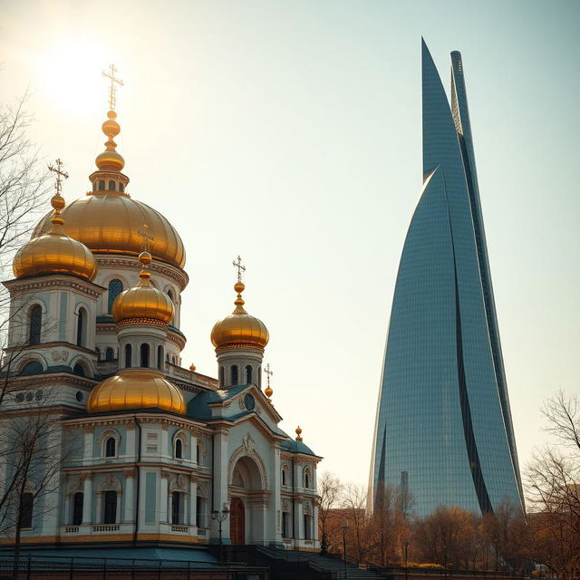 A stunning scene featuring the historic Kiev Pechersk Lavra next to a futuristic bionic skyscraper