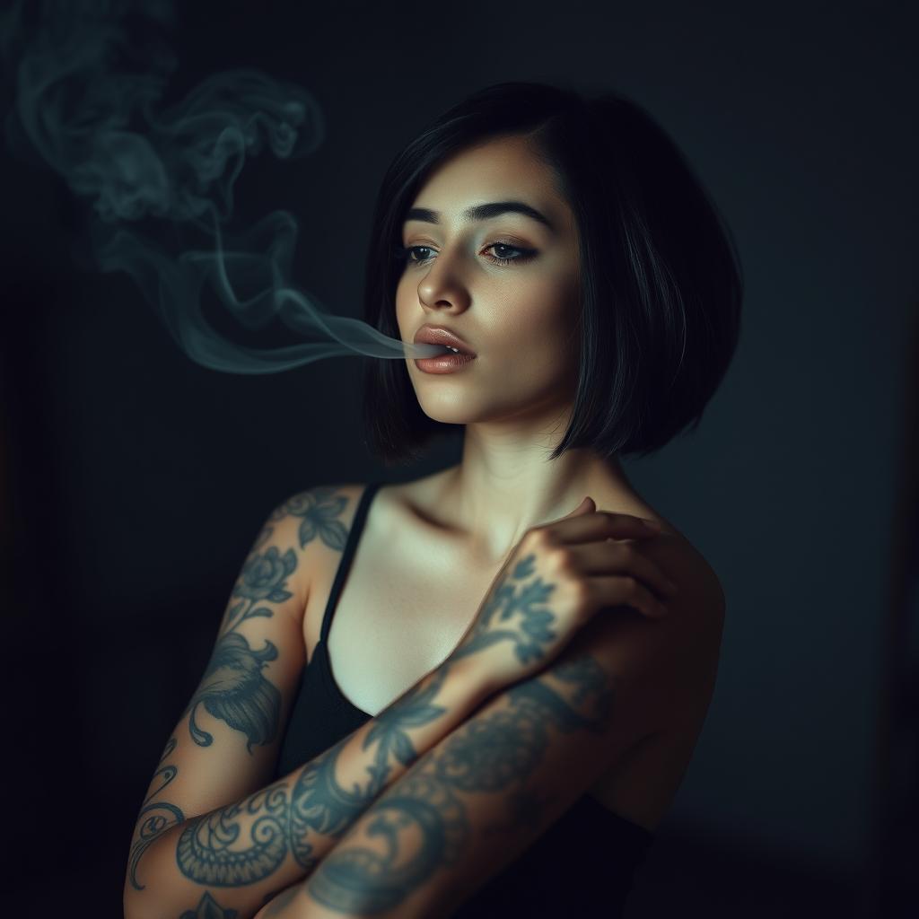 A tattooed girl exhaling smoke through her nose