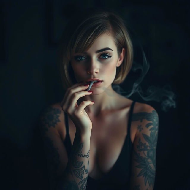 A tattooed girl exhaling smoke through her nose