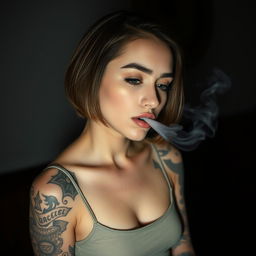 A tattooed girl exhaling smoke through her nose