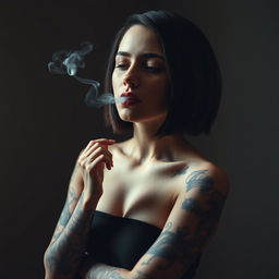 A tattooed girl exhaling smoke through her nose