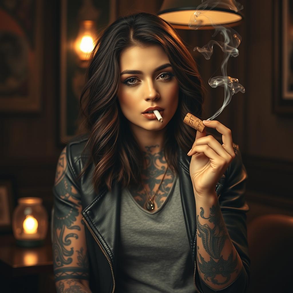 A tattooed girl smoking a cork cigarette, with an air of confidence and relaxed demeanor