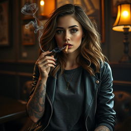 A tattooed girl smoking a cork cigarette, with an air of confidence and relaxed demeanor