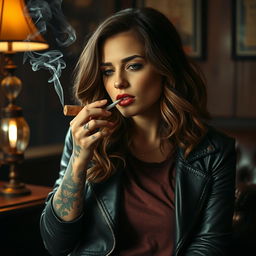 A tattooed girl smoking a cork cigarette, with an air of confidence and relaxed demeanor