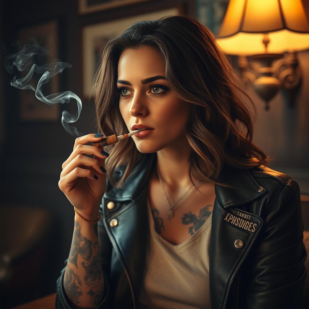 A tattooed girl smoking a cork cigarette, with an air of confidence and relaxed demeanor