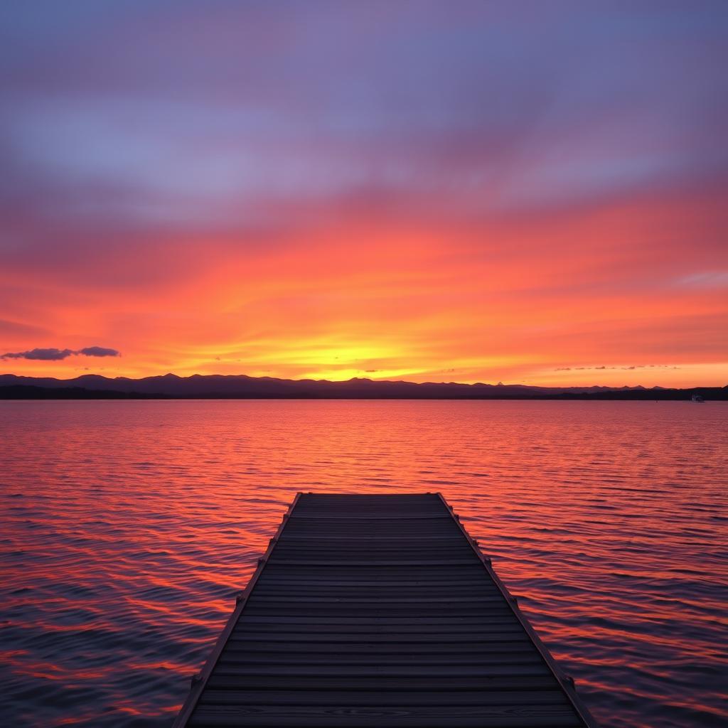 A beautiful sunset over a serene lake, with vibrant orange and purple hues reflecting off the calm water