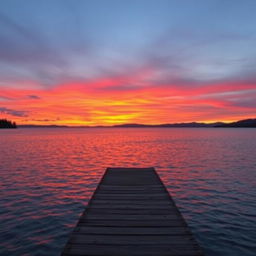 A beautiful sunset over a serene lake, with vibrant orange and purple hues reflecting off the calm water