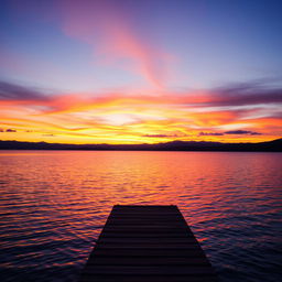 A beautiful sunset over a serene lake, with vibrant orange and purple hues reflecting off the calm water