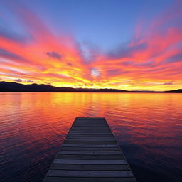 A beautiful sunset over a serene lake, with vibrant orange and purple hues reflecting off the calm water