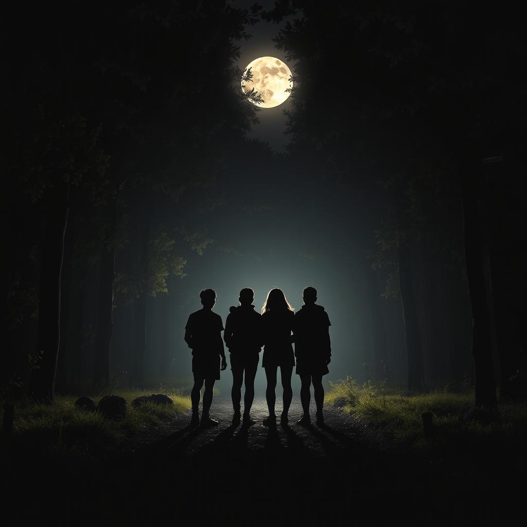 Four silhouettes of friends on a dimly lit path, surrounded by tall trees, under a full moon night