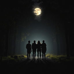 Four silhouettes of friends on a dimly lit path, surrounded by tall trees, under a full moon night