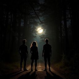 Four silhouettes of friends on a dimly lit path, surrounded by tall trees, under a full moon night