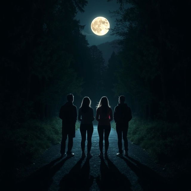 Four silhouettes of friends on a dimly lit path, surrounded by tall trees, under a full moon night