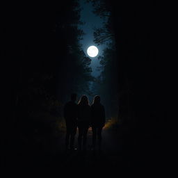 Four silhouettes of friends on a dimly lit path, surrounded by tall trees, under a full moon night