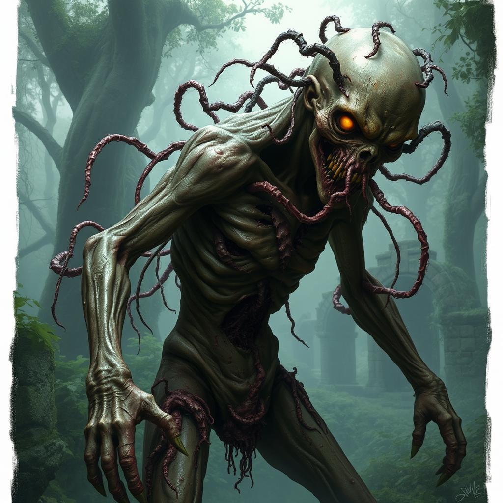 A parasite-infested zombie in a role-playing game (RPG) style, featuring a grotesque and decaying humanoid creature with parasitic tendrils extending from its body