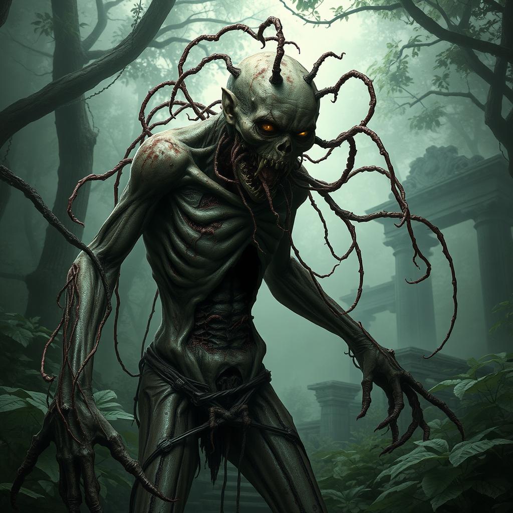 A parasite-infested zombie in a role-playing game (RPG) style, featuring a grotesque and decaying humanoid creature with parasitic tendrils extending from its body