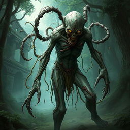 A parasite-infested zombie in a role-playing game (RPG) style, featuring a grotesque and decaying humanoid creature with parasitic tendrils extending from its body