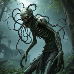 A parasite-infested zombie in a role-playing game (RPG) style, featuring a grotesque and decaying humanoid creature with parasitic tendrils extending from its body