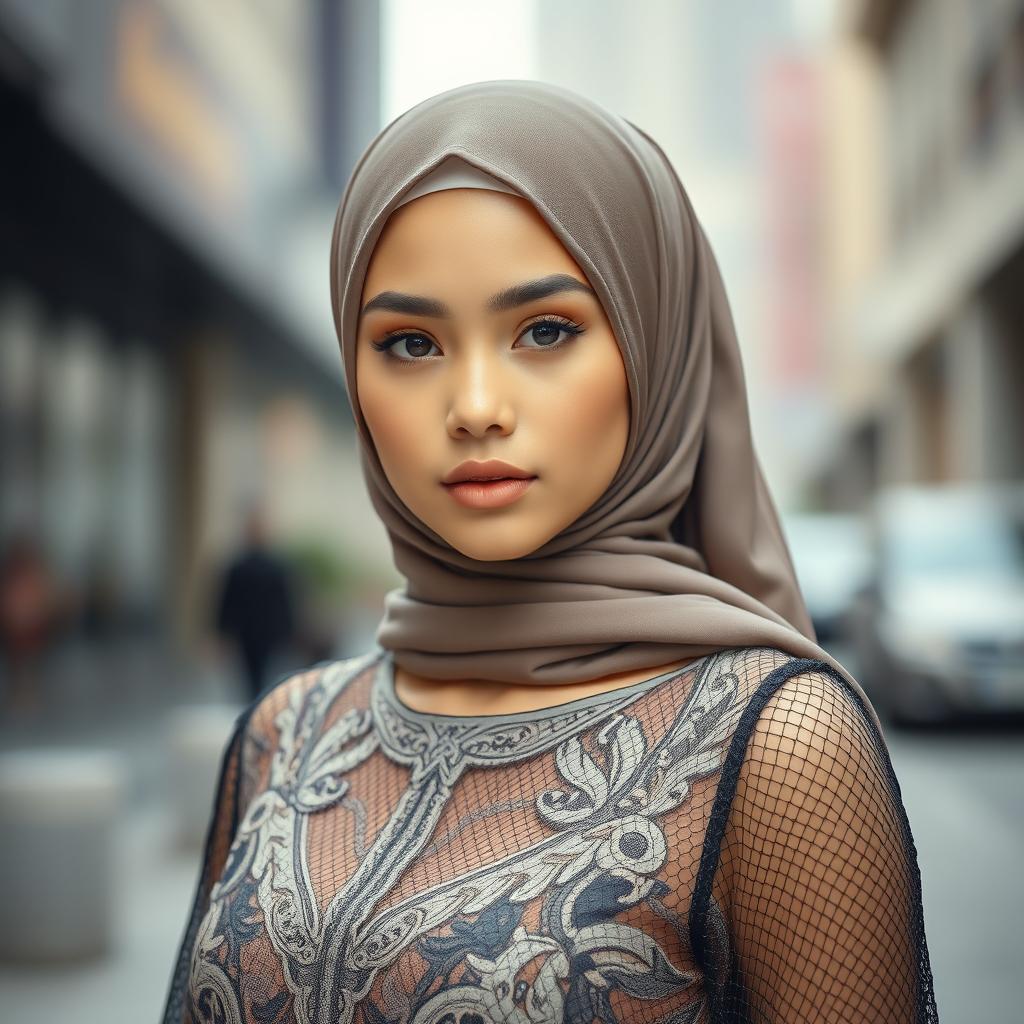 A captivating hijabi girl wearing stylish mesh clothing, elegantly blending modesty with contemporary fashion flair