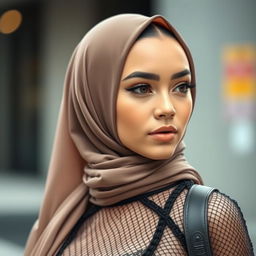 A captivating hijabi girl wearing stylish mesh clothing, elegantly blending modesty with contemporary fashion flair