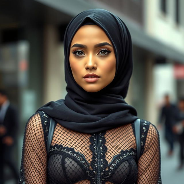 A captivating hijabi girl wearing stylish mesh clothing, elegantly blending modesty with contemporary fashion flair