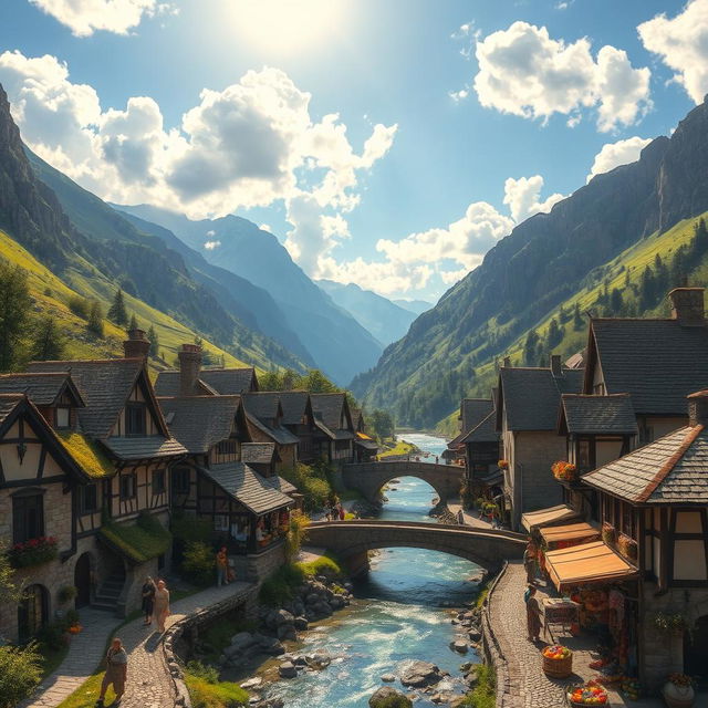 A medieval village nestled in a lush green valley, surrounded by towering mountains