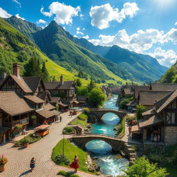 A medieval village nestled in a lush green valley, surrounded by towering mountains