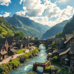 A medieval village nestled in a lush green valley, surrounded by towering mountains