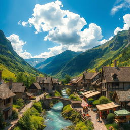 A medieval village nestled in a lush green valley, surrounded by towering mountains