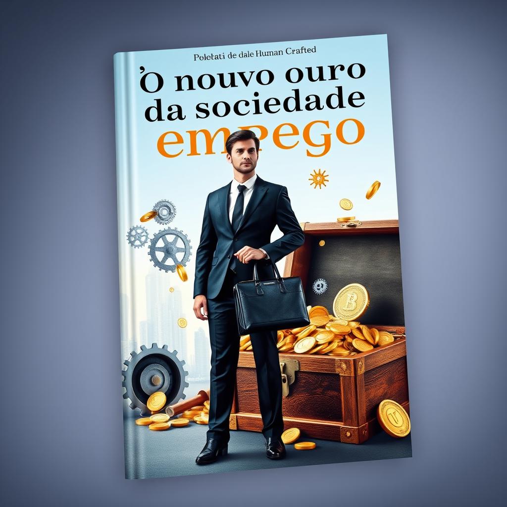 A sophisticated and human-crafted book cover for 'O novo ouro da sociedade - emprego'