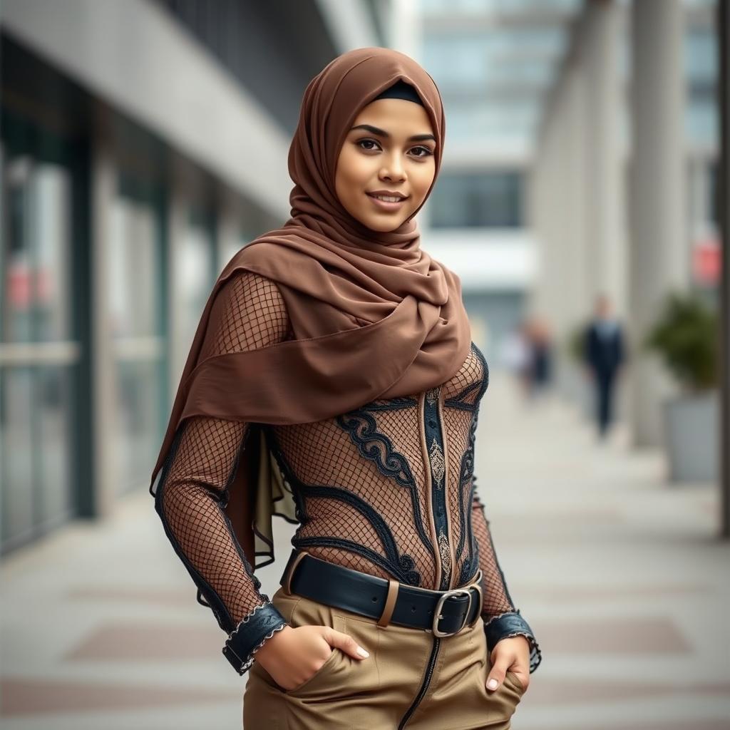 A striking hijabi girl standing confidently in stylish mesh clothing, showcasing a blend of modern fashion and cultural modesty