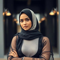 A striking hijabi girl standing confidently in stylish mesh clothing, showcasing a blend of modern fashion and cultural modesty